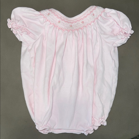 Other - Pink Baby Bubble Romper with Smocked Detail and Embroidered Flowers
